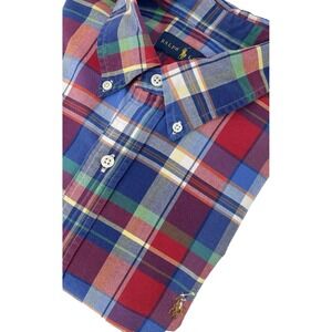 Polo‎ Ralph Lauren L Plaid Shirt Red Blue Long Sleeve Flesh Pony Preppy Cotton